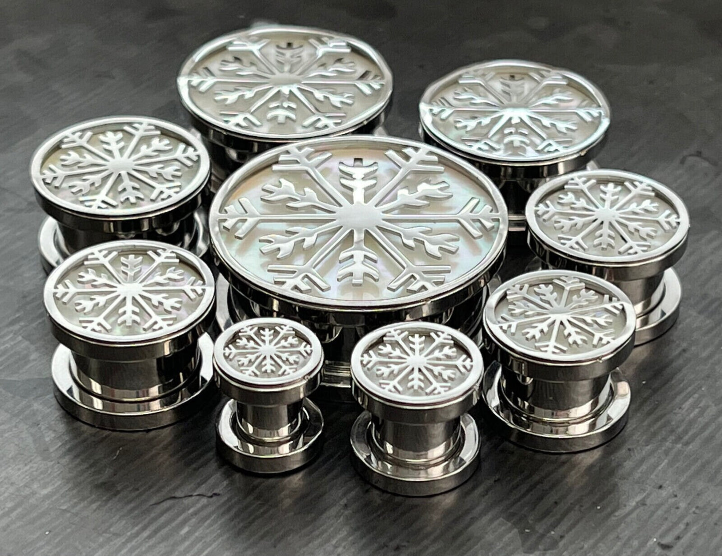 PAIR of Iridescent Snowflake Steel Screw Fit Tunnels/Plugs - Gauges 0g (8mm) thru 1" (25mm) available!