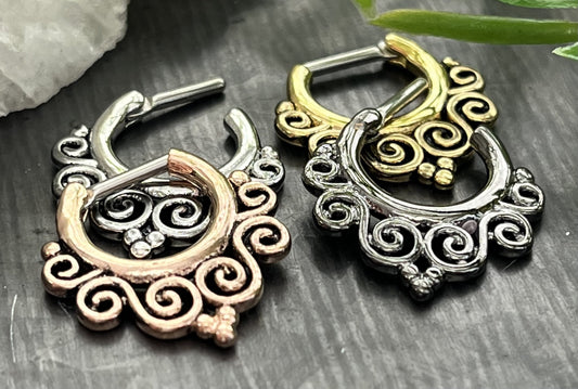 1 Piece Unique Tribal Swirls Design Clicker Septum Ring - 16g - 9mm Gold, Rose Gold, Hematite & Steel Available!
