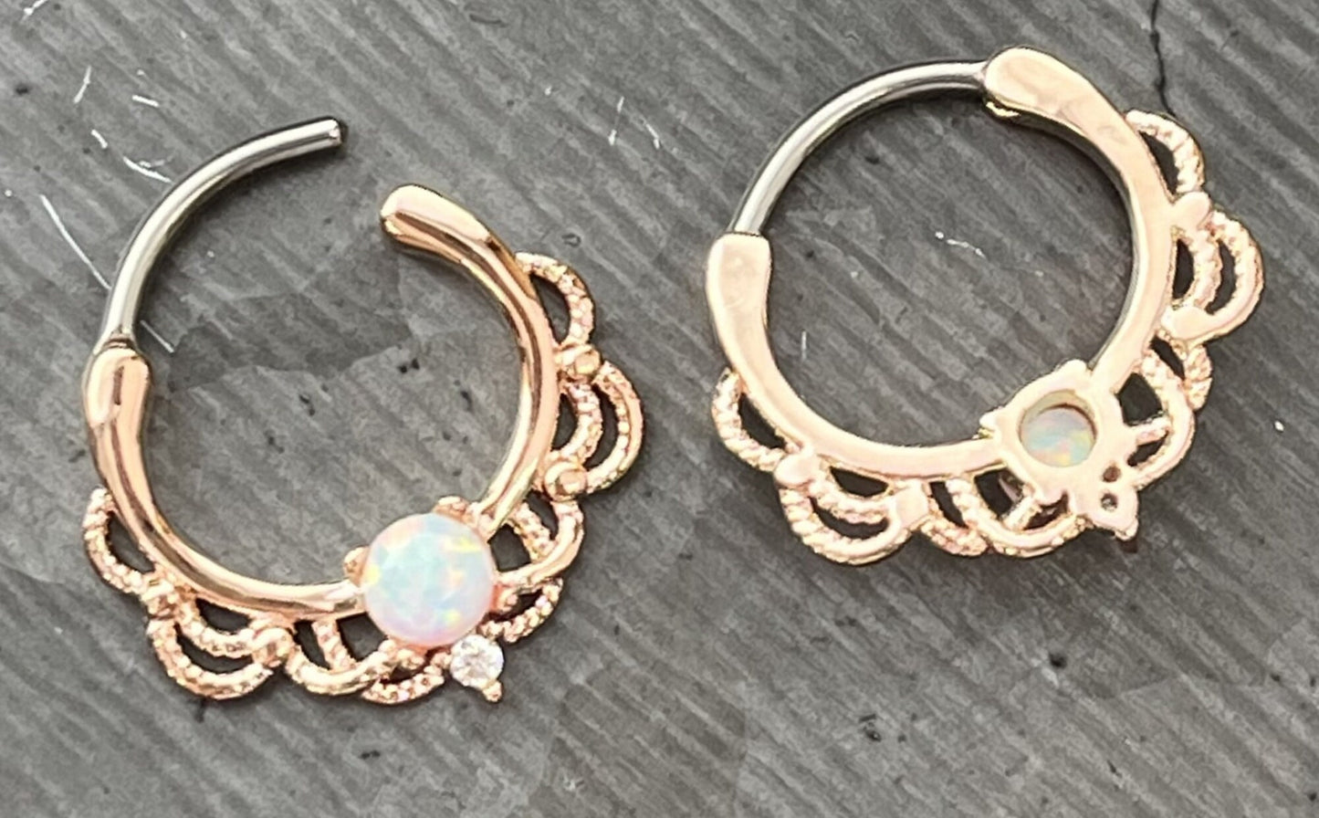 1 Piece Stunning Rose Gold Lacey Opal & CZ Gem Septum Steel Ring - 16g - 8mm Internal Diamater!