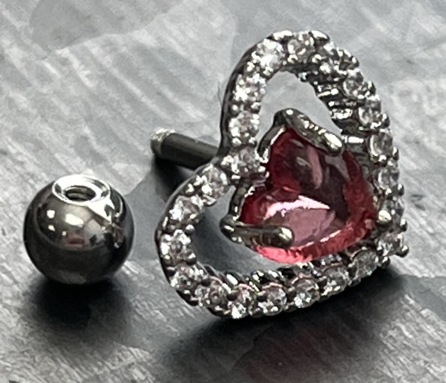 1 Piece Brilliant CZ Gem Lined Pink Heart Steel Tragus/Cartilage Stud - 16g, 6mm Wearable Length, 4mm Ball, 10mm Top Design!