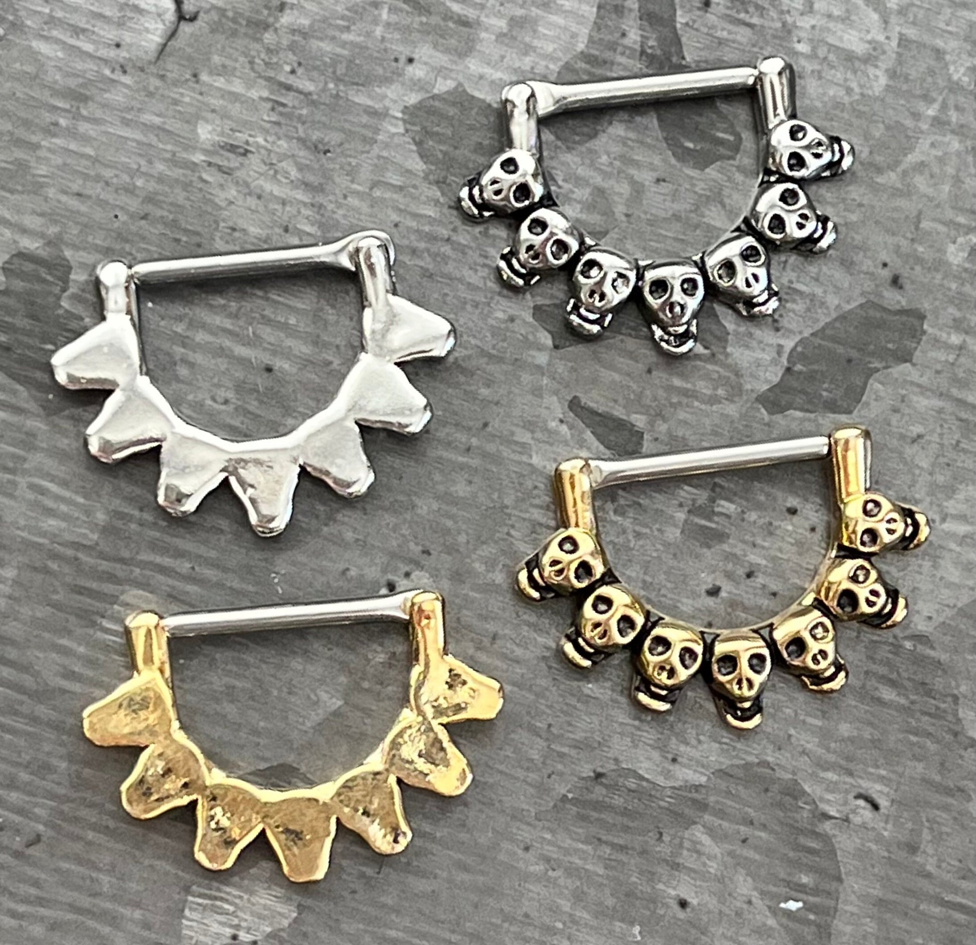 PAIR of Unique Lined Skull Design Nipple Barbell/Shield/Ring - 14g - Available in Silver and Gold!