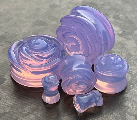 PAIR of Beautiful Lavender Opalite Stone Carved Flower Double Flare Glass Plugs - Gauges 2g (6.5mm) to 1" (25mm) available!