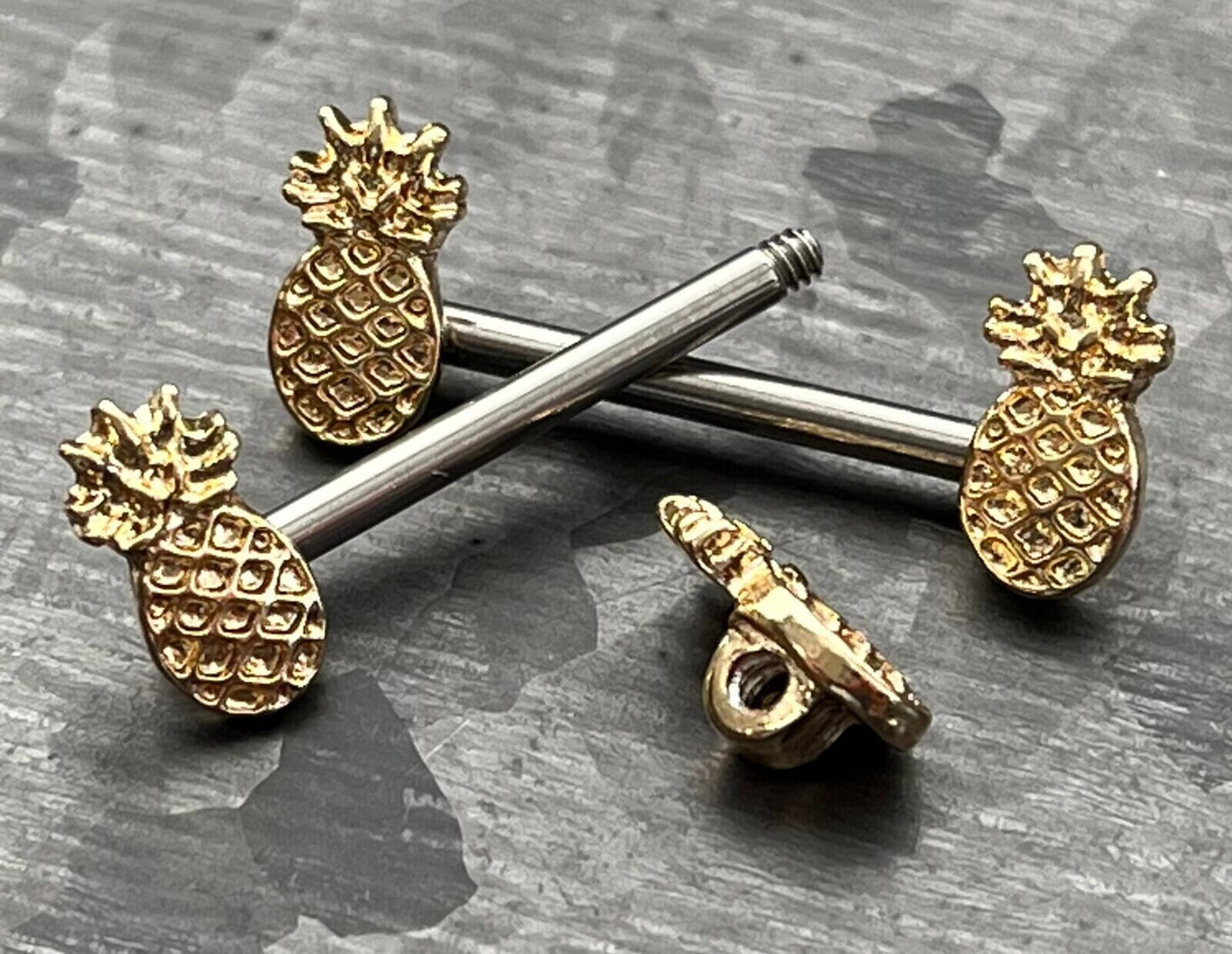 PAIR of Beautiful Gold Pineapple Surgical Barbell Nipple Rings - 14g - 14mm (9/16") Wearable Length!