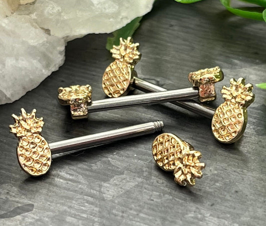 PAIR of Beautiful Gold Pineapple Surgical Barbell Nipple Rings - 14g - 14mm (9/16") Wearable Length!