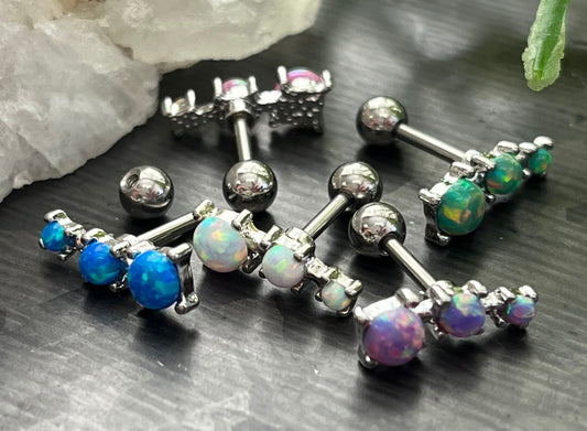 1 Piece Stunning Three Prong Set Opals Tragus Barbell Ring - 16g - Wearable Length 1/4" (6mm) - Blue, Green, Pink, Purple & White Available!