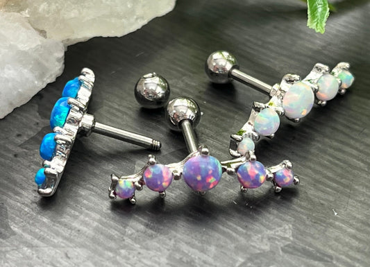 1 Piece Stunning Five Prong Set Opals Tragus Barbell Ring - 16g - Wearable Length 1/4" (6mm) - Blue, Purple & White Available!
