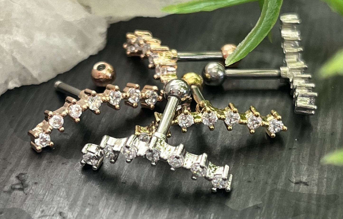 1 Piece Stunning Seven Cubic Zirconia Prong Set Tragus Barbell Ring - 16g - Wearable Length 1/4" (6mm) - Silver, Gold & Rose Gold Available!