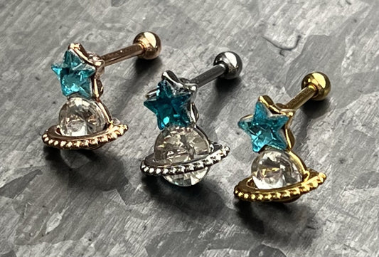 1 Piece Unique Crystal Star & Saturn Planet Tragus Barbell Stud - 16g - Wearable Diameter 1/4" (6mm) - Gold, Rose Gold and Silver Available!