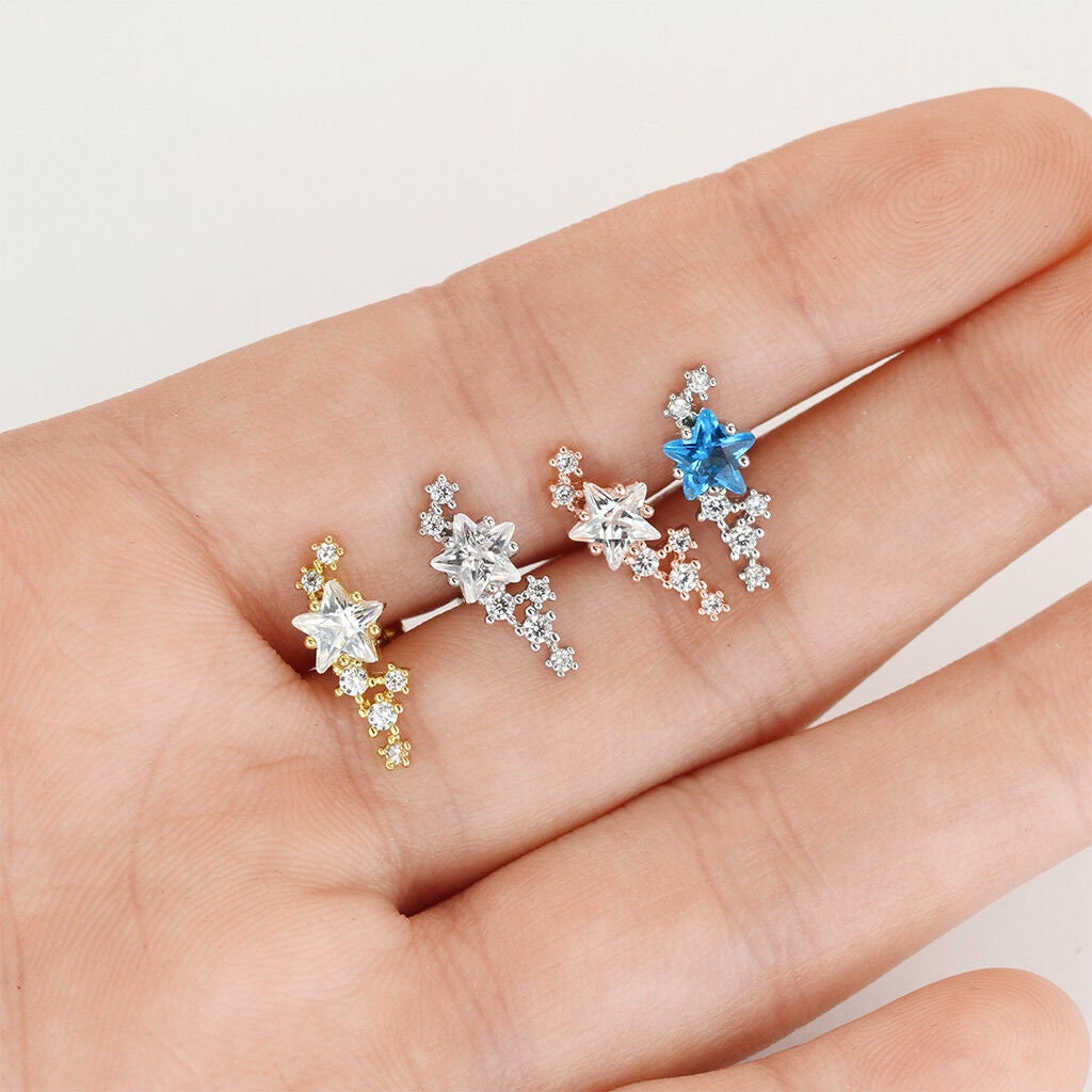 1 Piece Brilliant CZ Gem Star Cluster Tragus Barbell Ring -16g - Wearable Diameter 1/4" (6mm) - Blue, Gold, Rose Gold and Silver Available!