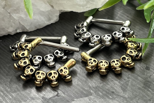 PAIR of Unique Lined Skull Design Nipple Barbell/Shield/Ring - 14g - Available in Silver and Gold!