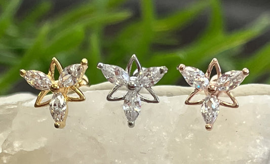 1 Piece Marquise CZ Gem Triangle Flower Tragus Barbell Stud - 16g - Wearable Diameter 1/4" (6mm) - Gold, Rose Gold and Silver Available!