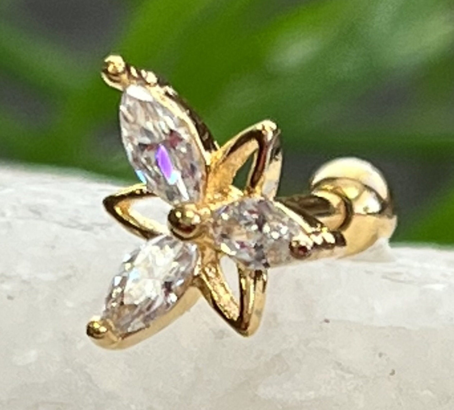 1 Piece Marquise CZ Gem Triangle Flower Tragus Barbell Stud - 16g - Wearable Diameter 1/4" (6mm) - Gold, Rose Gold and Silver Available!