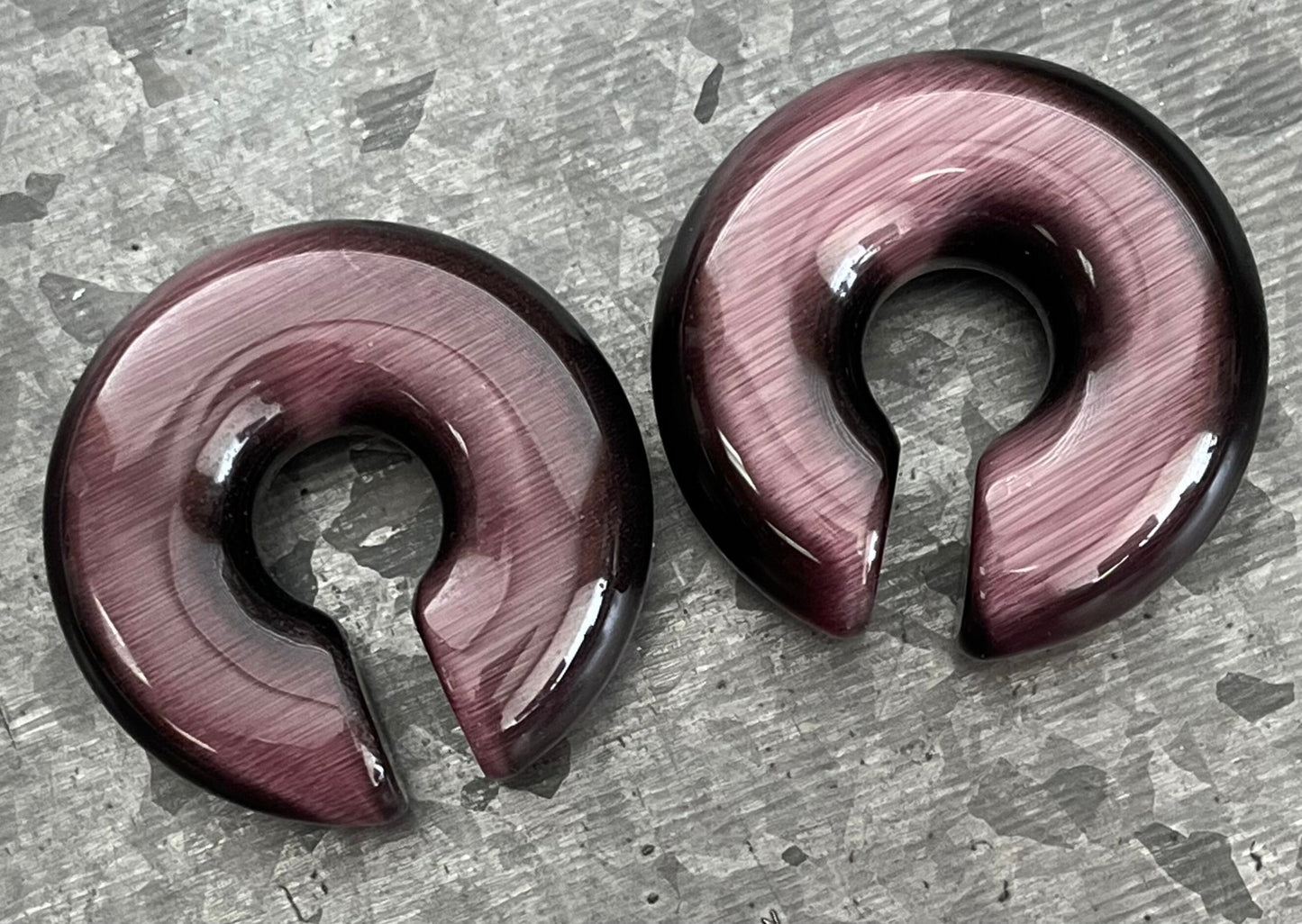 PAIR of Unique Purple Cat Eye Stone Hoops Ear Weight Hanging Plugs - Gauges 1/2" (12mm) up to 5/8" (16mm) available!