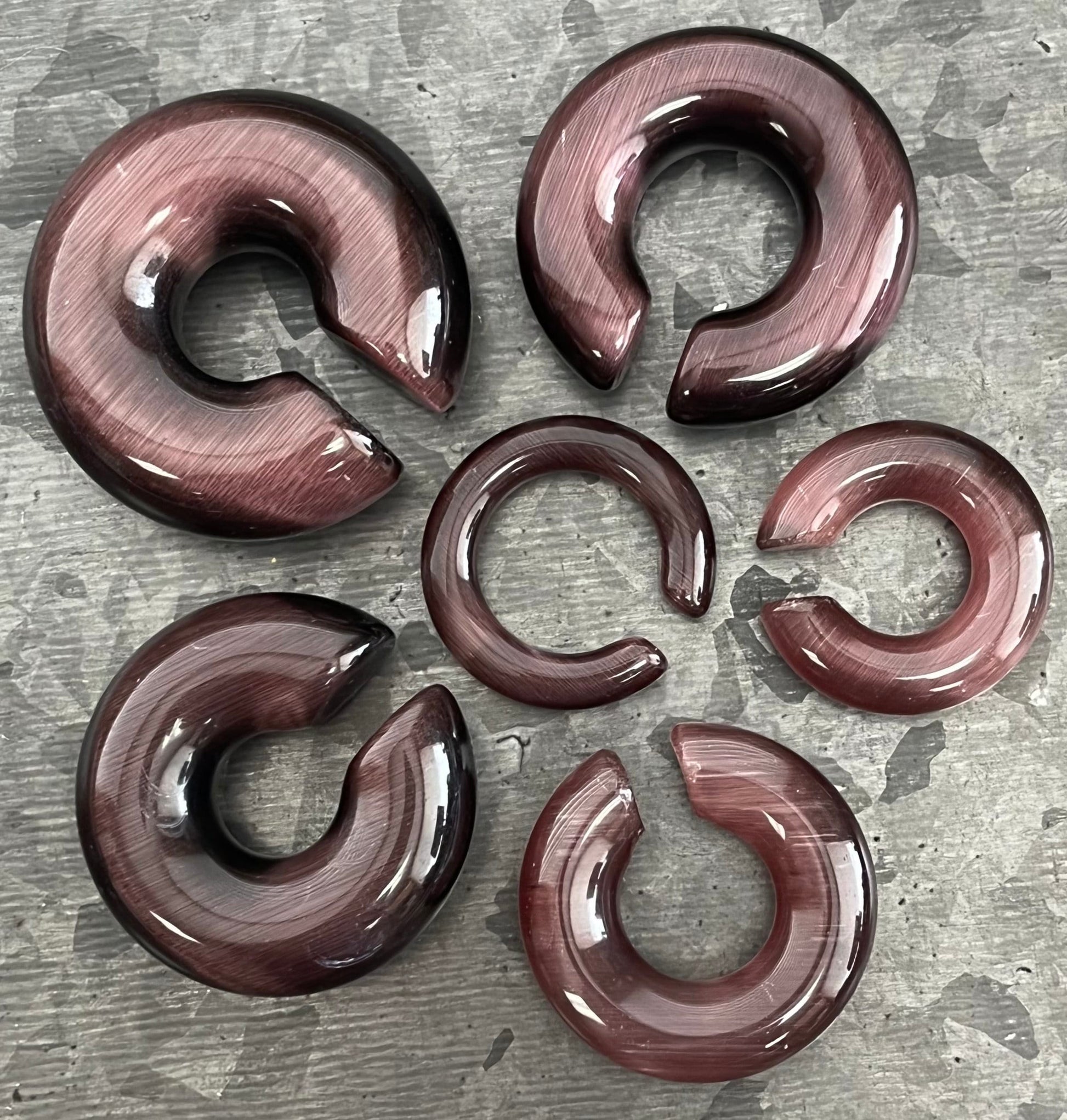 PAIR of Unique Purple Cat Eye Stone Hoops Ear Weight Hanging Plugs - Gauges 1/2" (12mm) up to 5/8" (16mm) available!