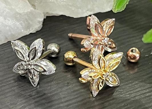 1 Piece Brilliant Marquise CZ Gem Flower Tragus Cartilage Barbell Stud - 16g - Wearable Length 6mm - Silver, Gold, Rose Gold Available!