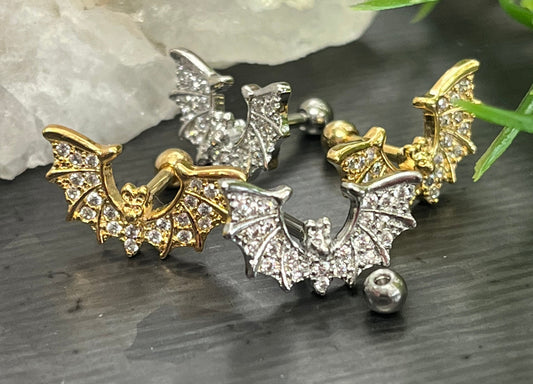 1 Piece Unique CZ Gem Paved Surgical Steel Bat Wings Tragus Cartilage Barbell - 16g - Wearable Length: 1/4" - Gold and Silver Available!