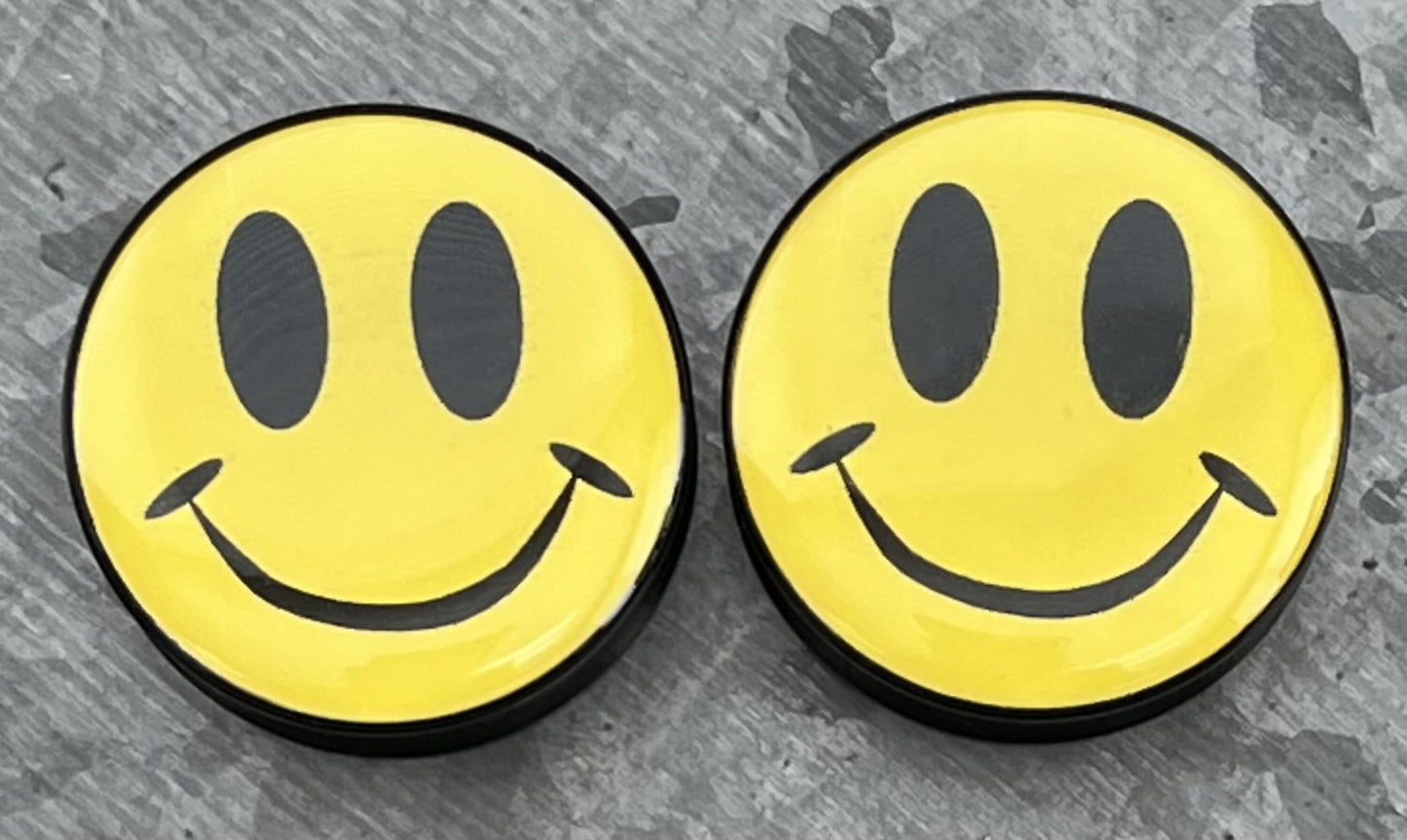 PAIR of Bright Yellow Smiley Face Logo Double Flare Acrylic Saddle Plugs - Gauges 8g (3mm) thru 1&3/16" (30mm) available!
