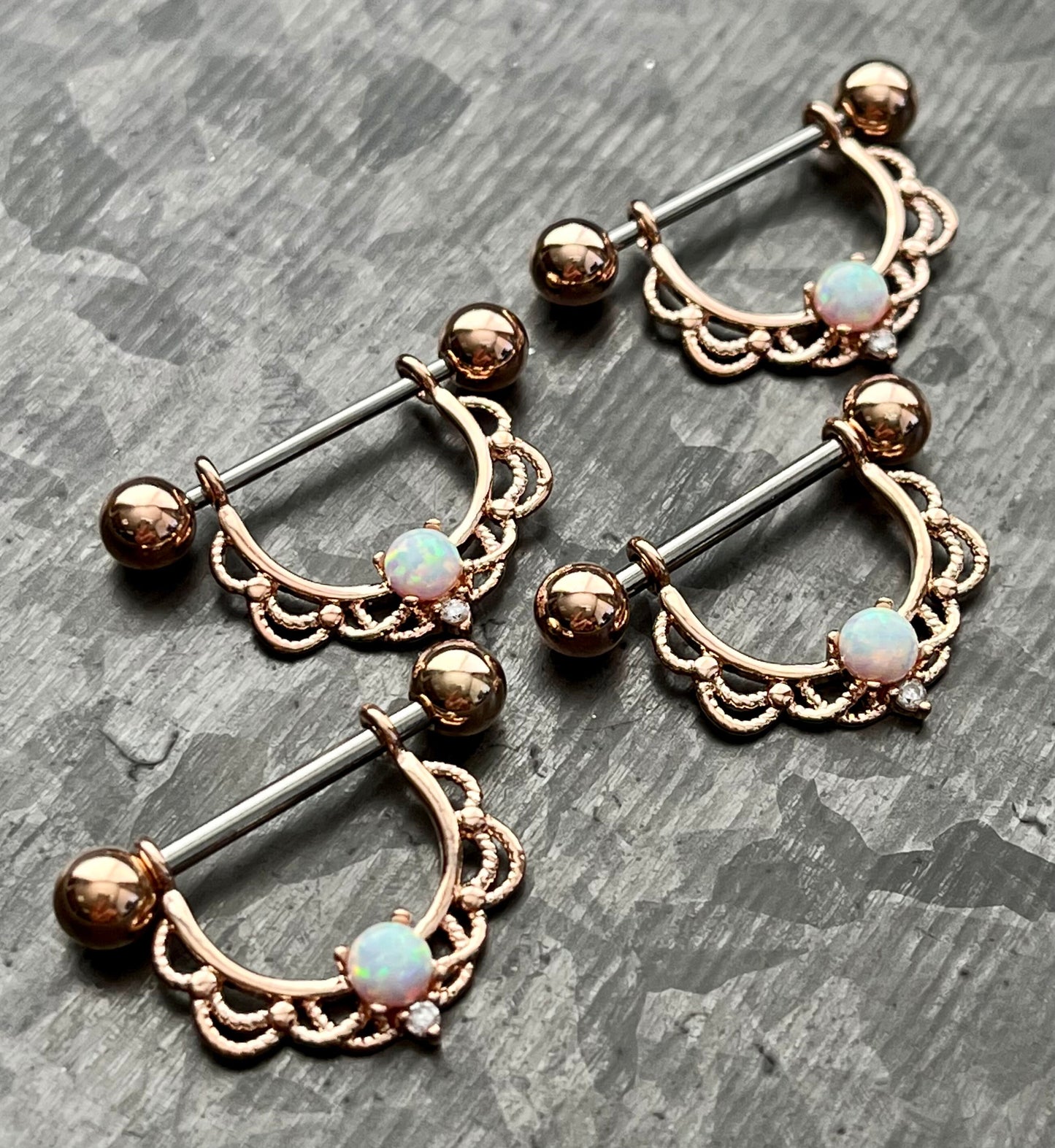 PAIR of Opal Center Filigree Drop Steel Nipple Barbells/Shields/Rings -16g or 14g, 12mm wearable length in Silver, Gold & Rose Gold!