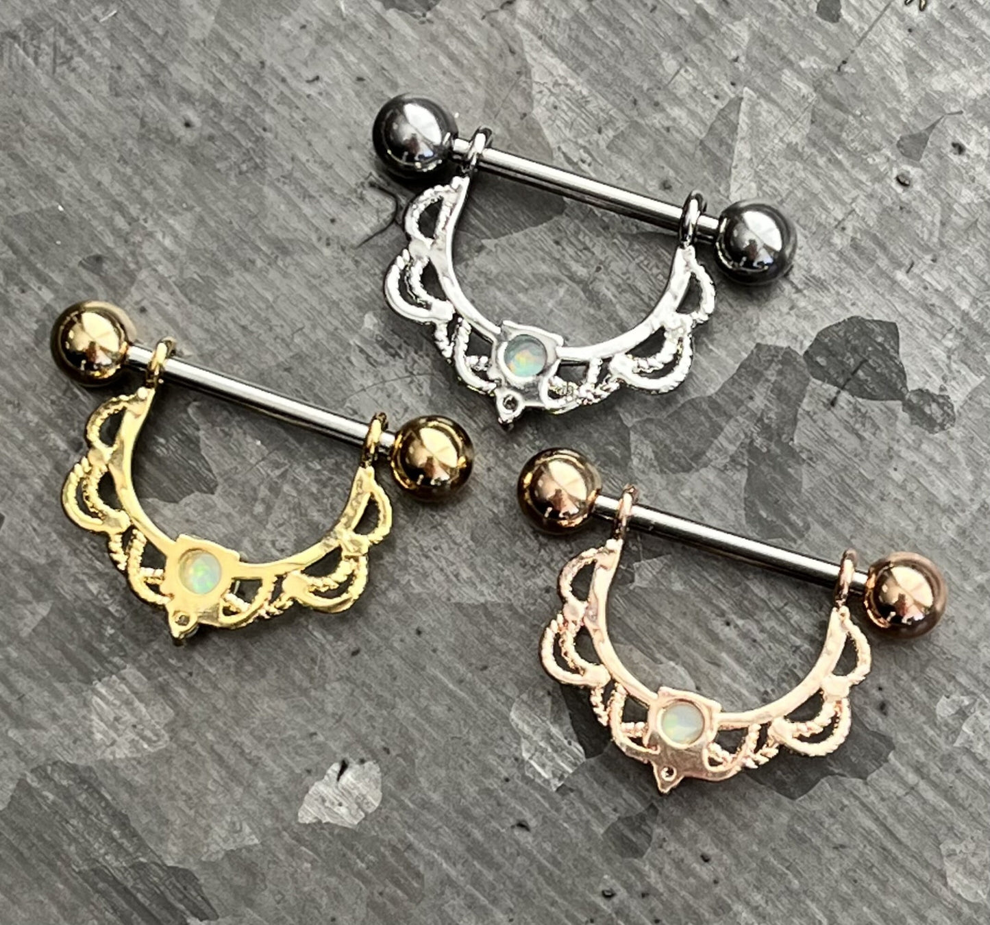 PAIR of Opal Center Filigree Drop Steel Nipple Barbells/Shields/Rings -16g or 14g, 12mm wearable length in Silver, Gold & Rose Gold!