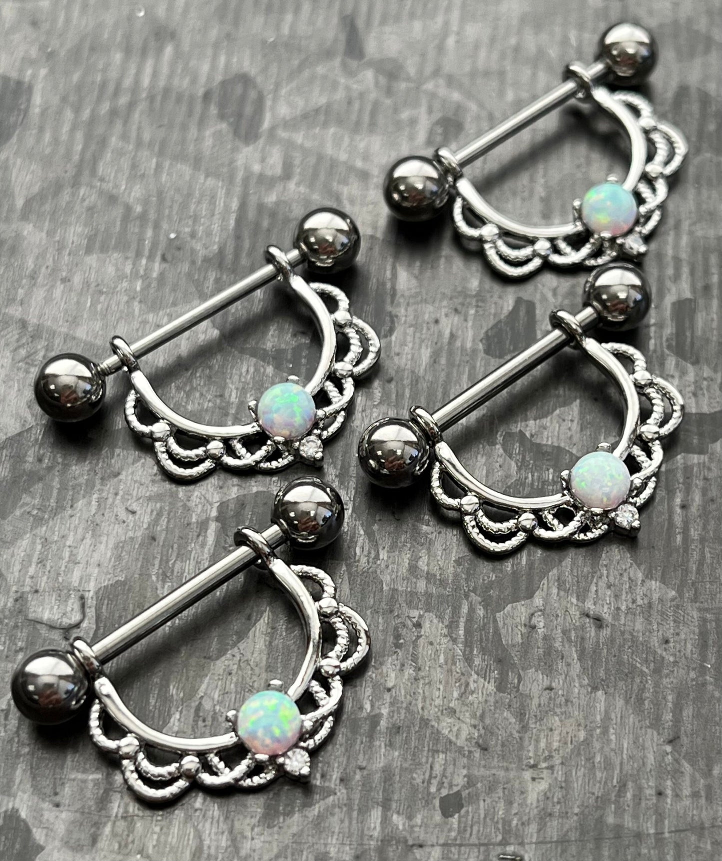 PAIR of Opal Center Filigree Drop Steel Nipple Barbells/Shields/Rings -16g or 14g, 12mm wearable length in Silver, Gold & Rose Gold!