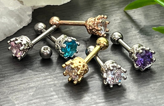 1 Piece Stunning Eight Prong CZ Gem Surgical Steel Tragus Bar Stud - 16g - Clear, Gold, Lavender, Pink, Rose Gold, Aqua Available!