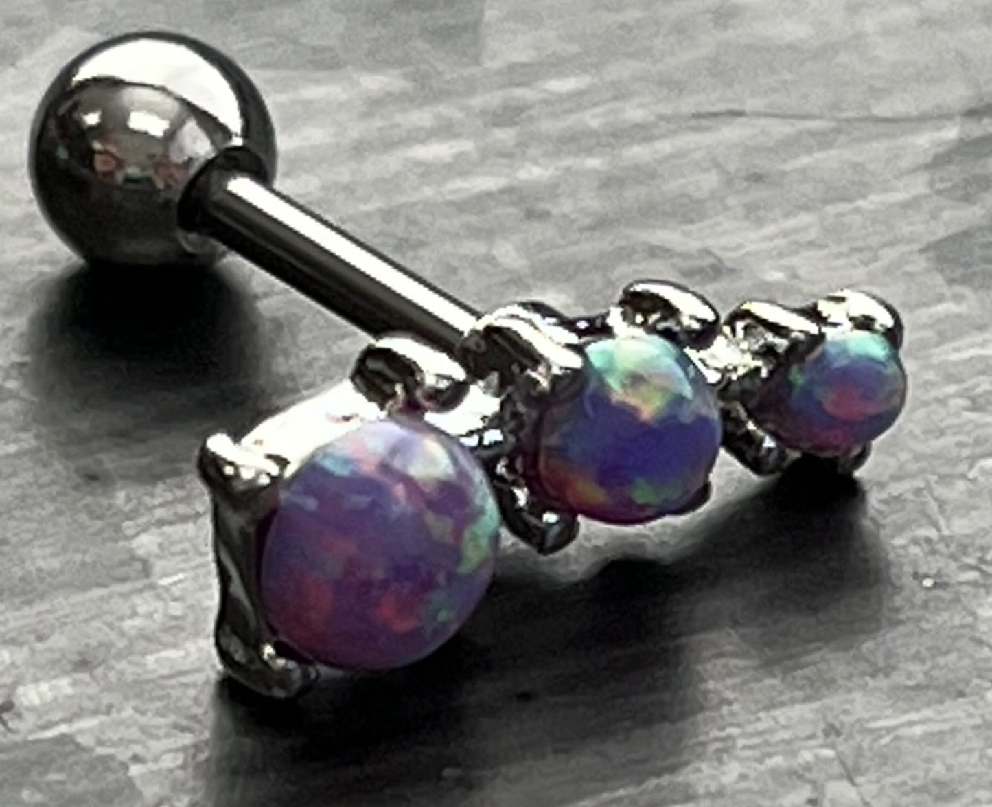1 Piece Stunning Three Prong Set Opals Tragus Barbell Ring - 16g - Wearable Length 1/4" (6mm) - Blue, Green, Pink, Purple & White Available!