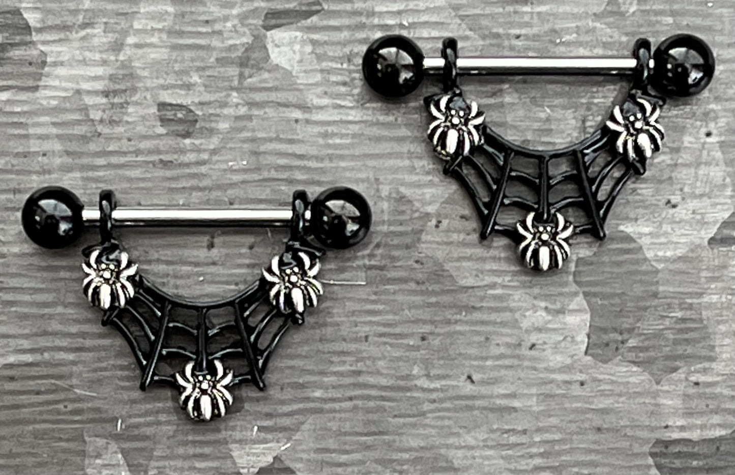 PAIR of Unique Three Spiders in Black Web Nipple Shield/Barbell/Ring - Barbell 14g, Length 27.5mm - Wearable length 12mm (1/2")!