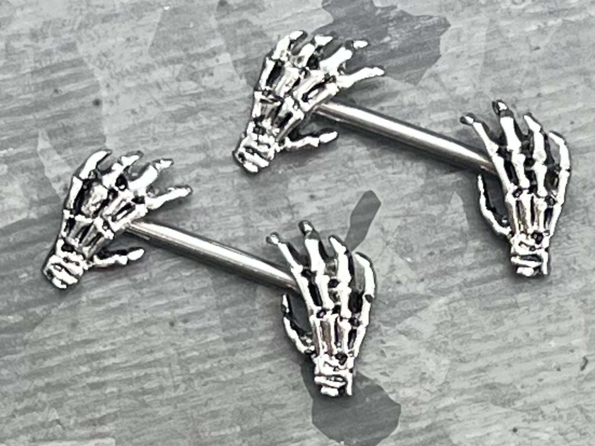 PAIR of Nipple Shields Skull Hand Ends Body Jewelry Surgical Steel Barbells Rings Skeleton