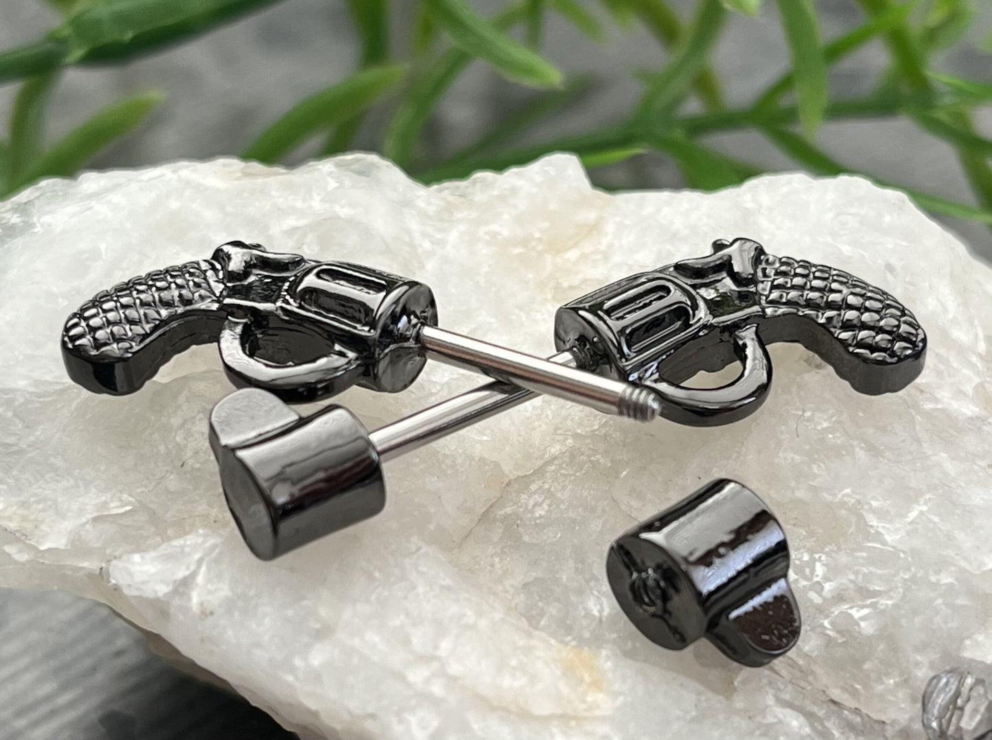 PAIR of Striking Revolver Pistol Gun Shaped Nipple Barbells/Rings - 14g - Wearable Length - 12mm - Black, Gold and Silver Available!