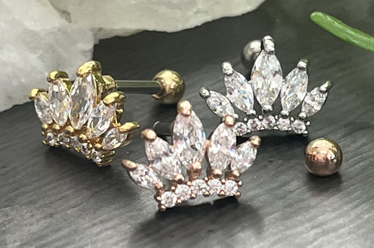 1 Piece Brilliant CZ Paved Taira Princess Crown Tragus Barbell Ring - 16g - Wearable Length 1/4" (6mm) - Silver, Gold & Rose Gold Available!