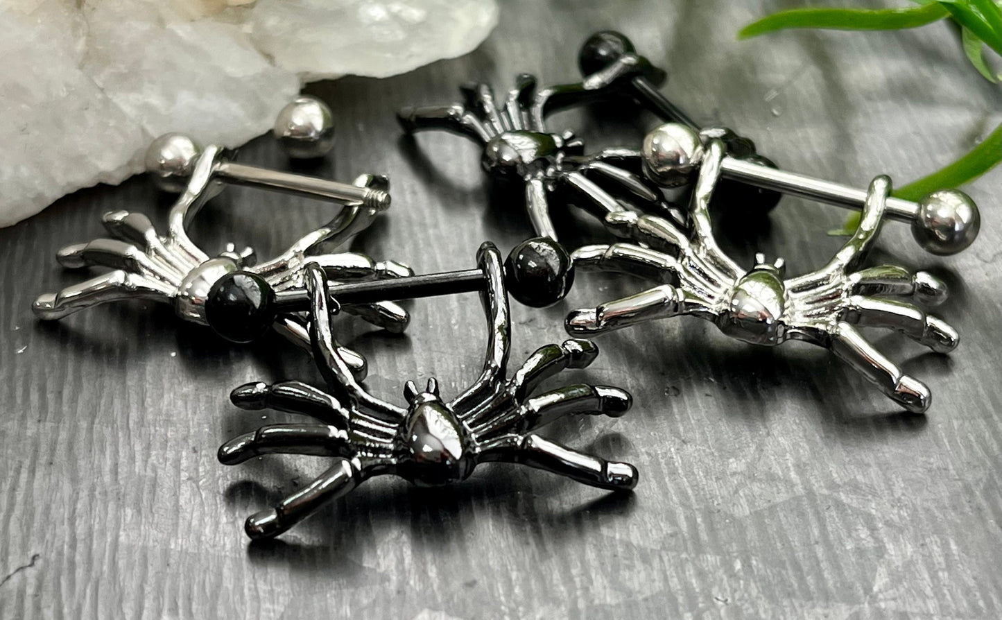 PAIR of Spooky Hanging Spider Steel Nipple Barbell/Shield/Rings - 14g - Wearable Length - Black & Silver Available!