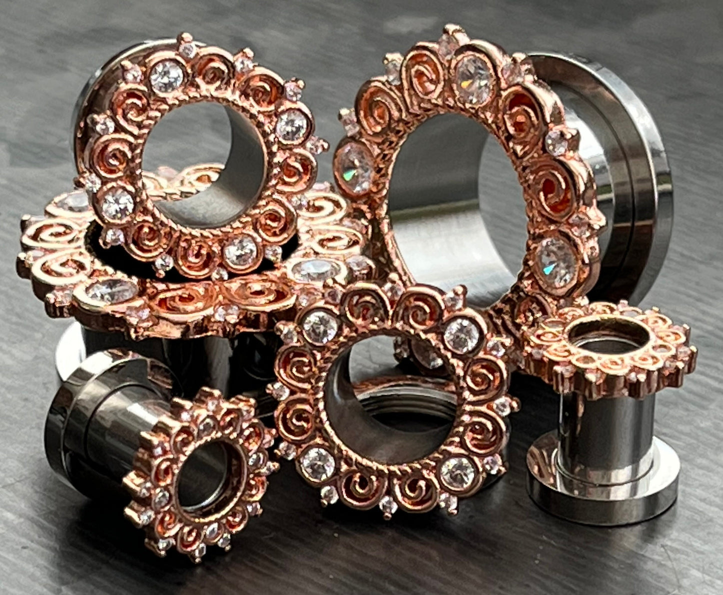 PAIR of Stunning Rose Gold CZ Gem Filigree Screw Fit Tunnels/Plugs - Gauges 2g (6mm) thru 5/8" (16mm) Available!