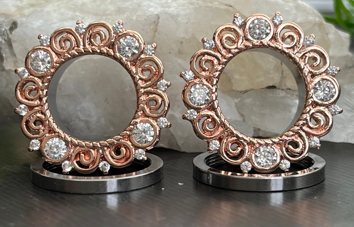 PAIR of Stunning Rose Gold CZ Gem Filigree Screw Fit Tunnels/Plugs - Gauges 2g (6mm) thru 5/8" (16mm) Available!