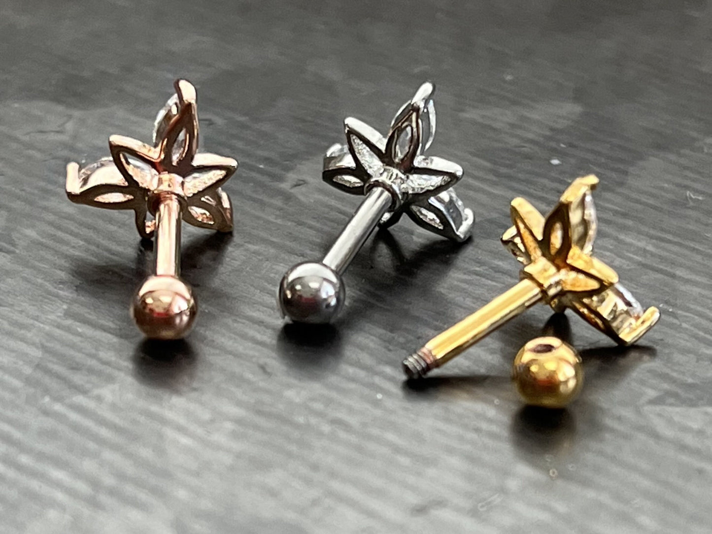 1 Piece Marquise CZ Gem Triangle Flower Tragus Barbell Stud - 16g - Wearable Diameter 1/4" (6mm) - Gold, Rose Gold and Silver Available!