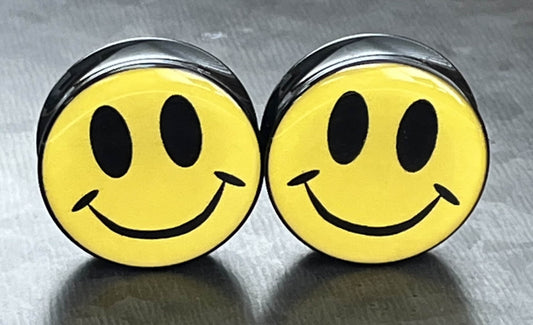 PAIR of Bright Yellow Smiley Face Logo Double Flare Acrylic Saddle Plugs - Gauges 8g (3mm) thru 1&3/16" (30mm) available!