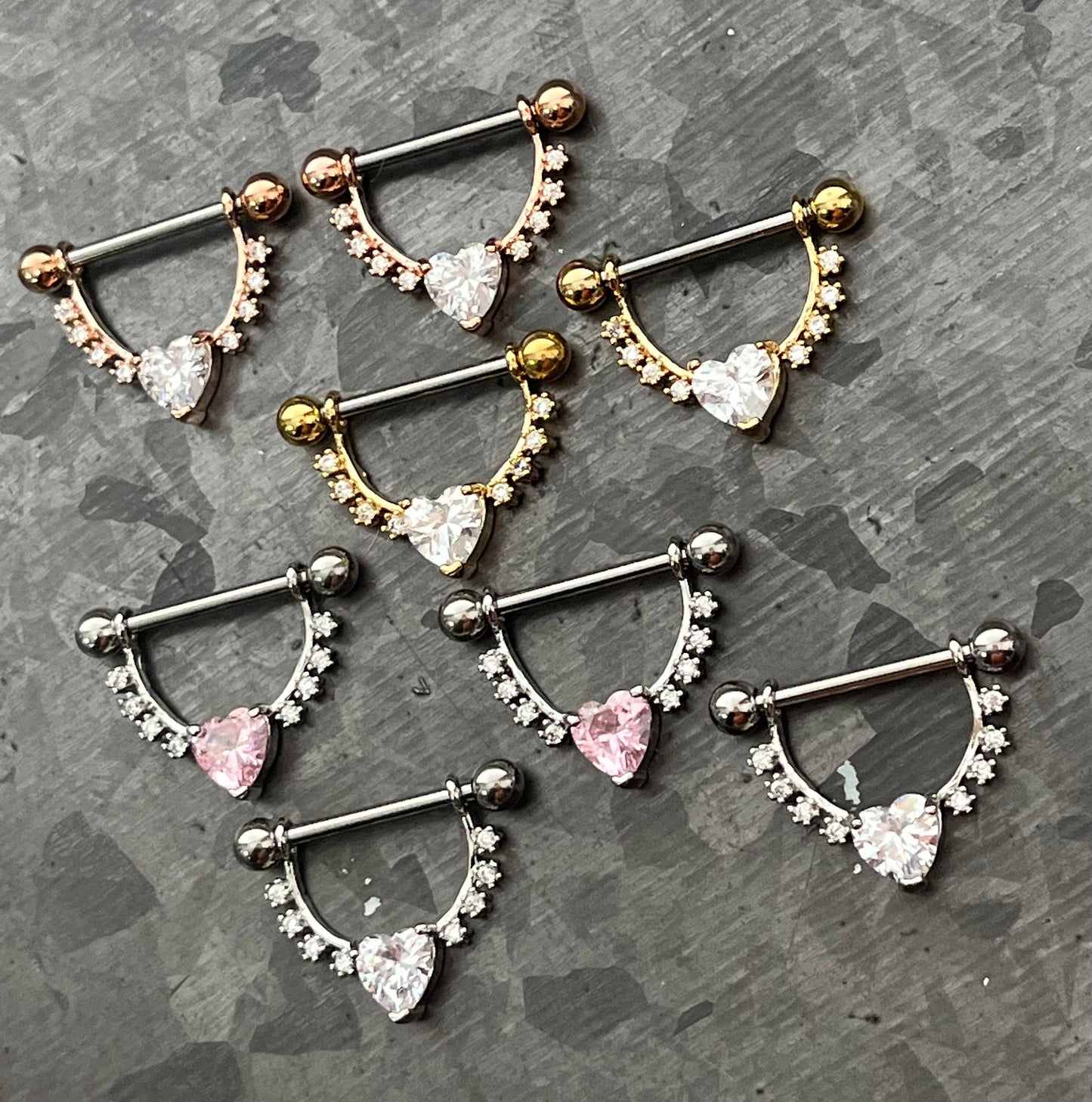 PAIR of Lined CZ Gems w/ Heart CZ Gem Steel Dangle Nipple Barbells/Shield - 14g, 12mm wearable length in Silver, Gold, Rose Gold & Pink