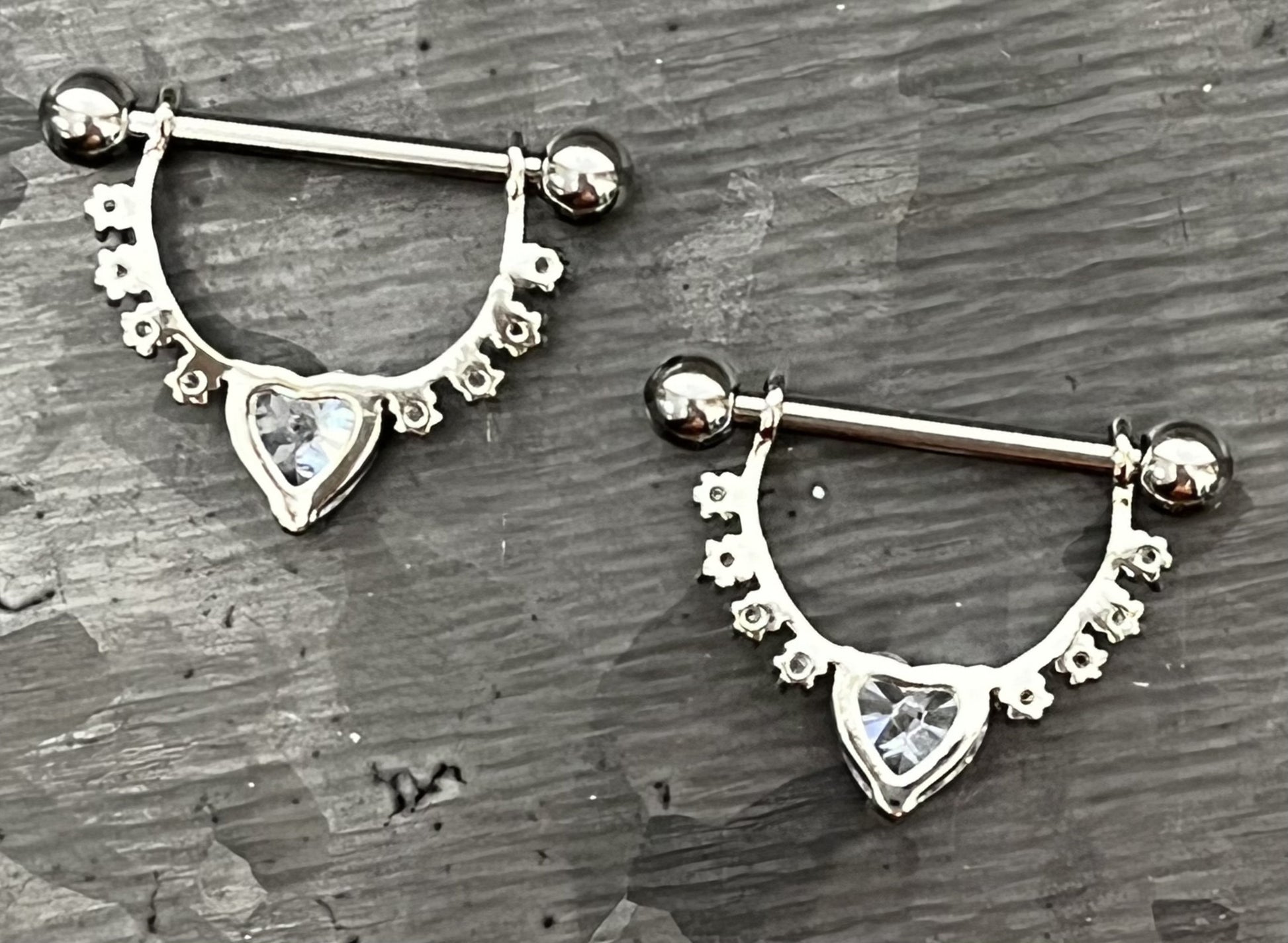 PAIR of Lined CZ Gems w/ Heart CZ Gem Steel Dangle Nipple Barbells/Shield - 14g, 12mm wearable length in Silver, Gold, Rose Gold & Pink