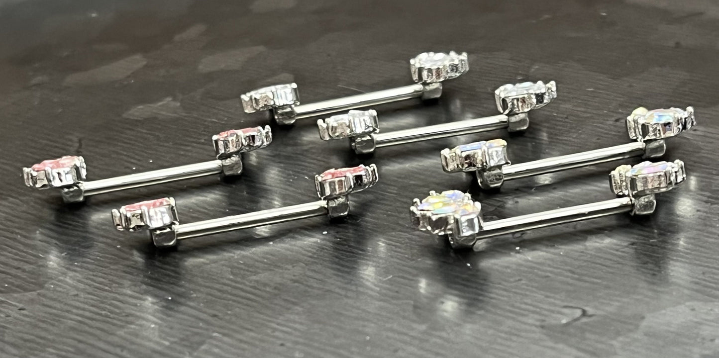 PAIR of Stunning Marquise Crystal Gem Fans Steel Nipple Barbells/Rings - 14g, 12mm Wearable Length in Aurora Borealis, Clear & Pink!