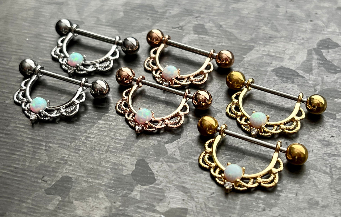 PAIR of Opal Center Filigree Drop Steel Nipple Barbells/Shields/Rings -16g or 14g, 12mm wearable length in Silver, Gold & Rose Gold!