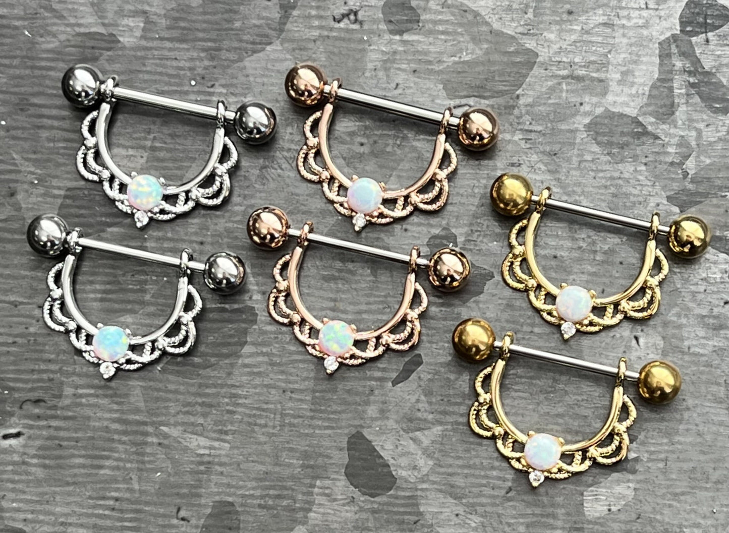 PAIR of Opal Center Filigree Drop Steel Nipple Barbells/Shields/Rings -16g or 14g, 12mm wearable length in Silver, Gold & Rose Gold!