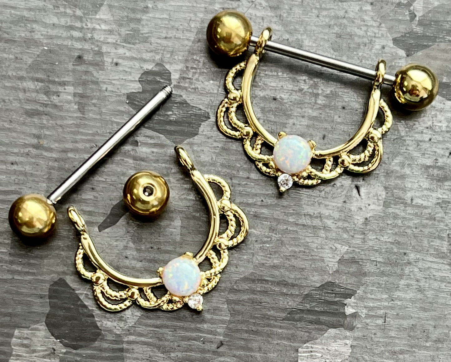 PAIR of Opal Center Filigree Drop Steel Nipple Barbells/Shields/Rings -16g or 14g, 12mm wearable length in Silver, Gold & Rose Gold!