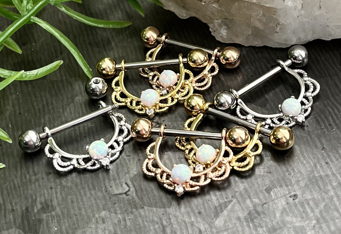 PAIR of Opal Center Filigree Drop Steel Nipple Barbells/Shields/Rings -16g or 14g, 12mm wearable length in Silver, Gold & Rose Gold!