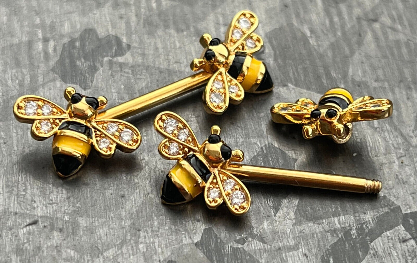 PAIR of Unique Bumblebee Nipple Rings with CZ Gem Bee Wings Steel Barbells - 16g - Wearable Length