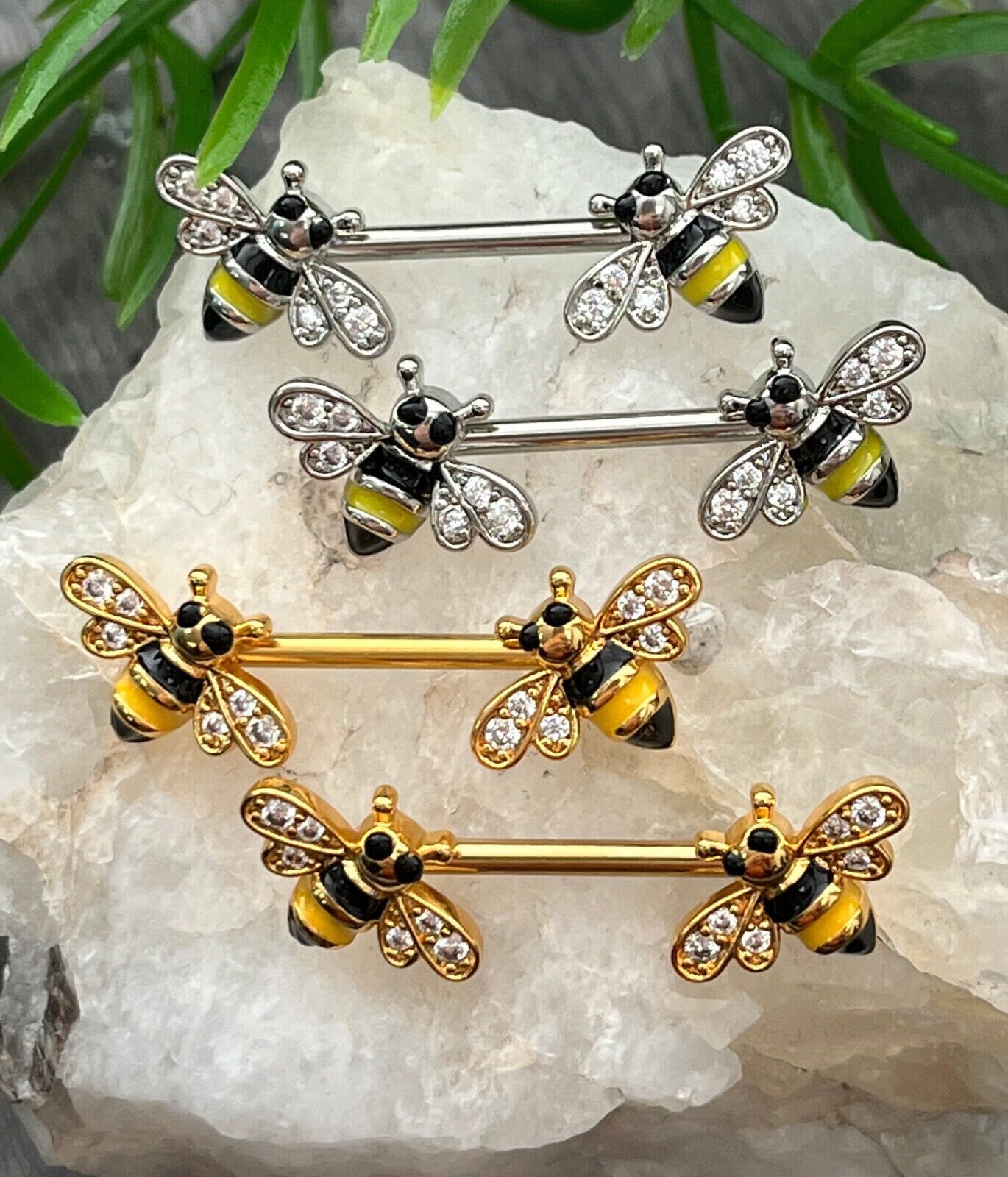 PAIR of Unique Bumblebee Nipple Rings with CZ Gem Bee Wings Steel Barbells - 16g - Wearable Length