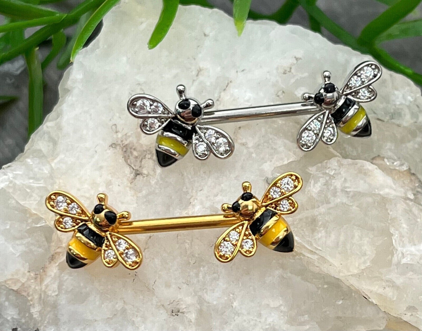 PAIR of Unique Bumblebee Nipple Rings with CZ Gem Bee Wings Steel Barbells - 16g - Wearable Length