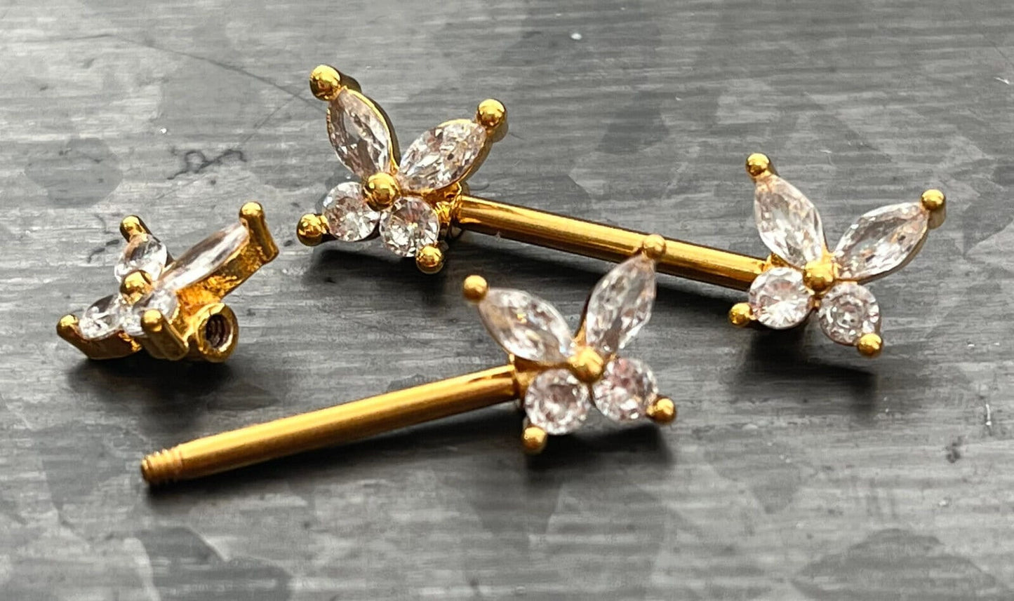 PAIR of Stunning CZ Gem Wings Butterfly Nipple Barbell/Rings - 14g - Wearable Length 10mm, Gold and Silver Available!