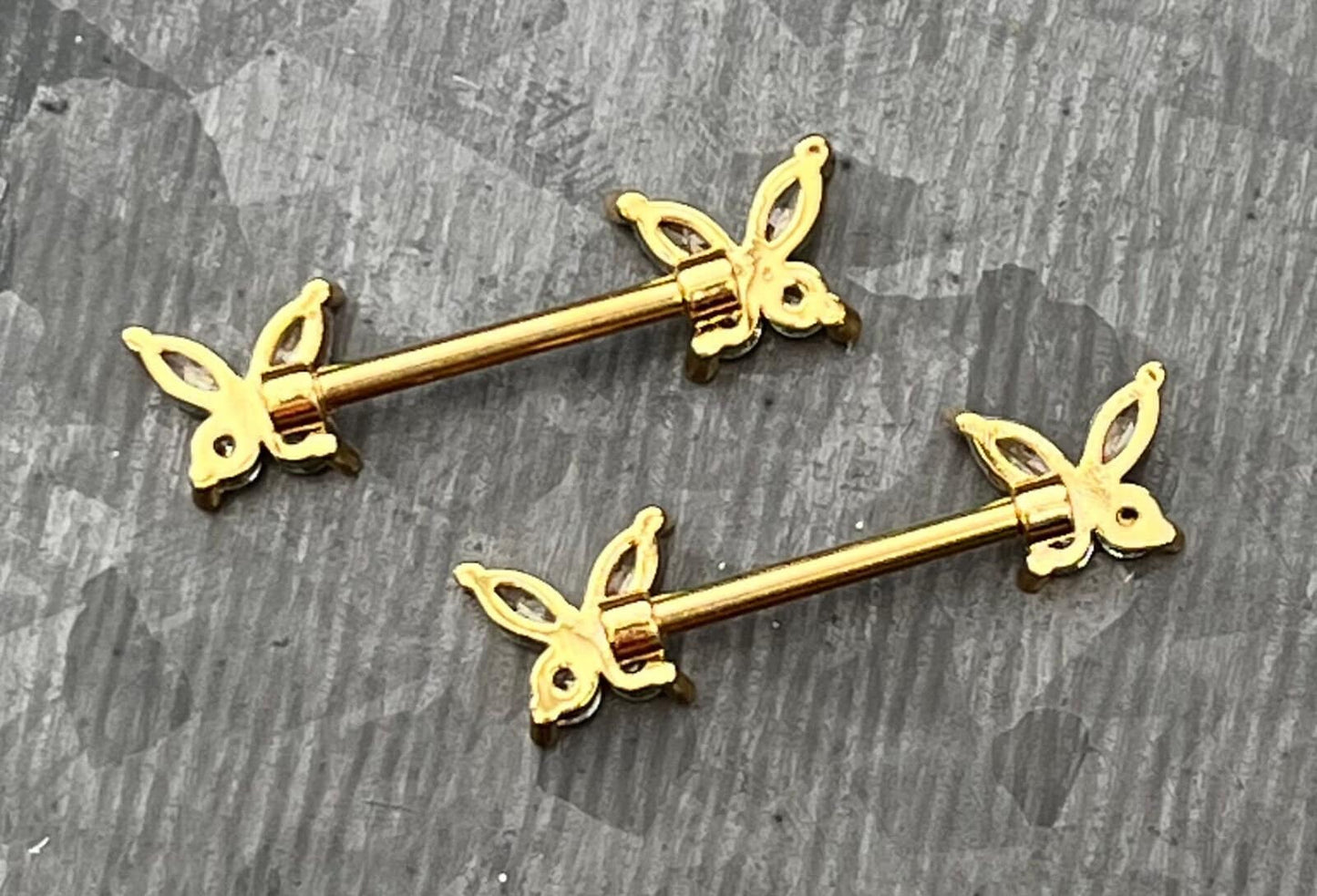 PAIR of Stunning CZ Gem Wings Butterfly Nipple Barbell/Rings - 14g - Wearable Length 10mm, Gold and Silver Available!