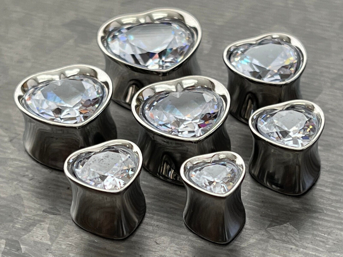 PAIR of Heart CZ Gem Double Flare Saddle Tunnels/Plugs - Clear/Silver & Vitrail Medium/Black - Gauges 0g (8mm) thru 5/8" (16mm) available!