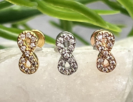 1 Piece CZ Infinity Symbol Labret Internally Threaded Monroe Stud -16g- Wearable Diameter 6mm or 8mm - Gold, Rose Gold and Silver Available!