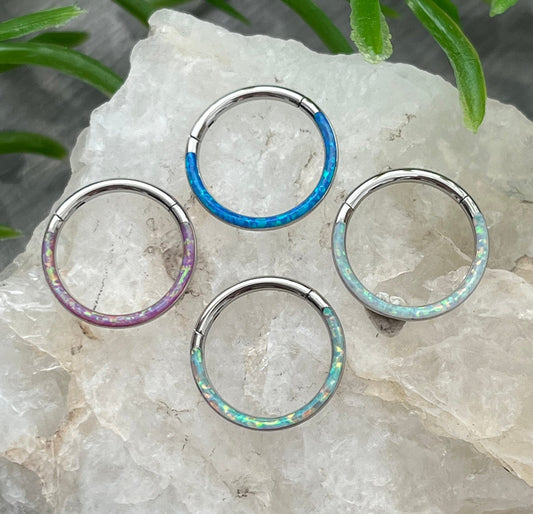 1pc Stainless Steel Opal Front Edge Hinged Segment Septum Ring - White, Pink, Blue - Gauge 16g or 14g Diameter 10mm, 8mm or 6mm available!